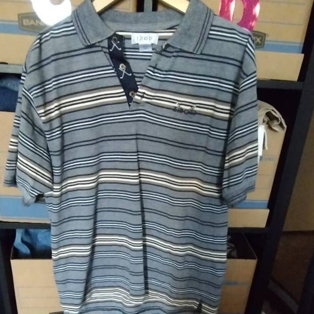 Izod Polo Shirt Short Sleeve Embroidered Black Gray Striped Men's Size XL Cotton